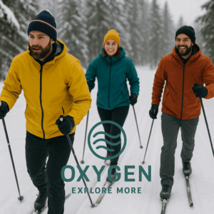 Cross-Country Ski Lessons Balderschwang – Beginner learning balance on snowy trail Instructor guiding group during cross-country ski lesson Cross-country skier gliding confidently through winter forest