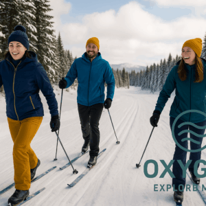 Cross-Country Ski Lessons Oberstdorf – Beginner learning balance on snowy trail Instructor guiding group during cross-country ski lesson Cross-country skier gliding confidently through winter forest