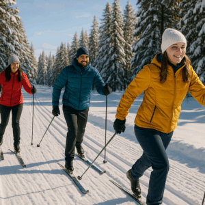 Cross-Country Ski Lessons – Beginner learning balance on snowy trail Instructor guiding group during cross-country ski lesson Cross-country skier gliding confidently through winter forest